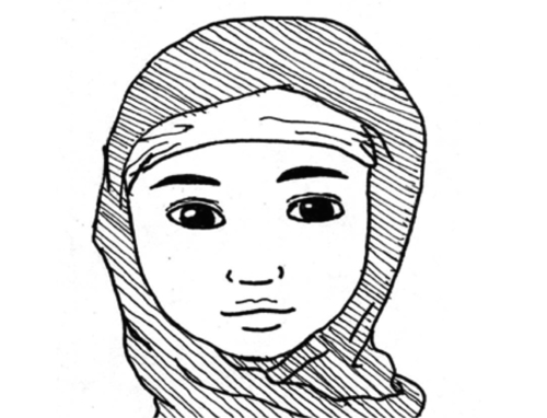 Black and white illustration of young woman wearing hijab