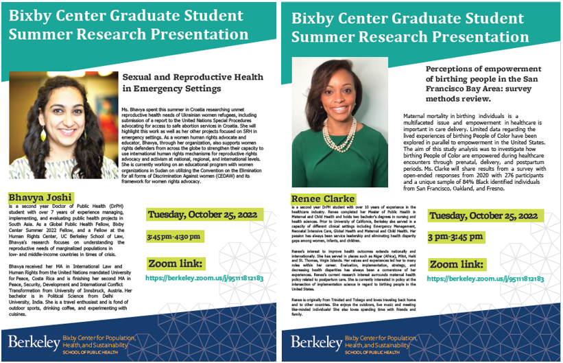 The flyers of the research presentations have the presenters' pictures of female graduate students smiling at you.